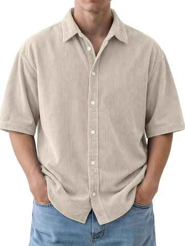 Men's Casual Corduroy Short Sleeve Shirt Smart Casual Button Down Lapel Top Breathable Summer Fashion Solid Color Clothing