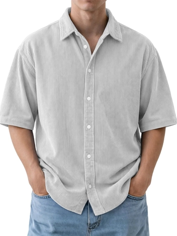 Men's Casual Corduroy Short Sleeve Shirt Smart Casual Button Down Lapel Top Breathable Summer Fashion Solid Color Clothing