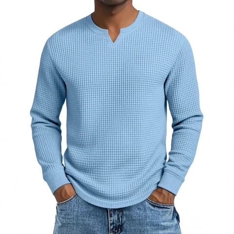 Men's Polyester Waffle Knit Henley Shirt V-Neck Long Sleeve Slim Fit Casual T-Shirt Comfortable Breathable Solid Color Pullover Top