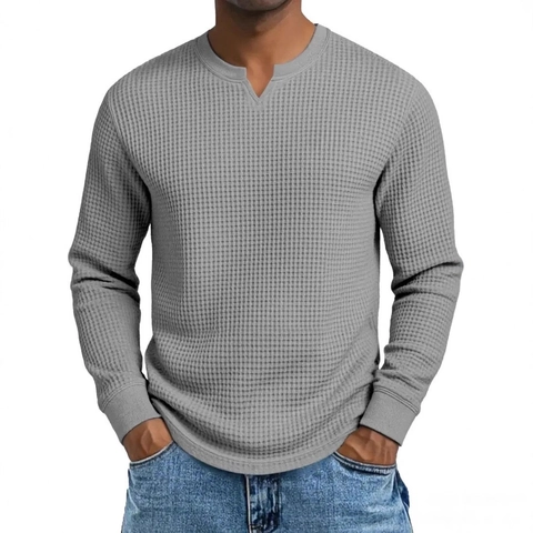 Men's Polyester Waffle Knit Henley Shirt V-Neck Long Sleeve Slim Fit Casual T-Shirt Comfortable Breathable Solid Color Pullover Top