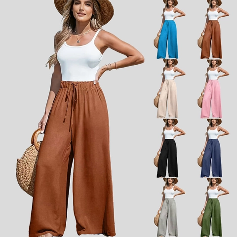 Pantaloni Donna Casual in Cotone e Lino Gamba Larga Tinta Unita Vita Alta Coulisse Pantaloni Larghi Tasche Spiaggia Vacanza Moda