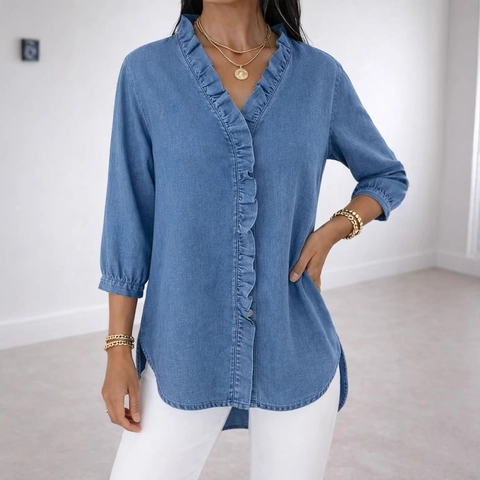 Women Casual V Neck Ruffle Blouse Solid Color Polyester Three Quarter Sleeve Faux Denim Top For Office Commute Summer Spring