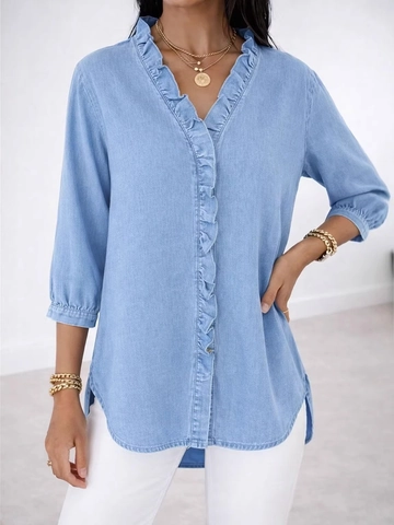 Camicetta da Donna Casual in Stile Denim Scollo a V con Volant Tinta Unita Manica a 3/4 Top Moda per il Lavoro Quotidiano
