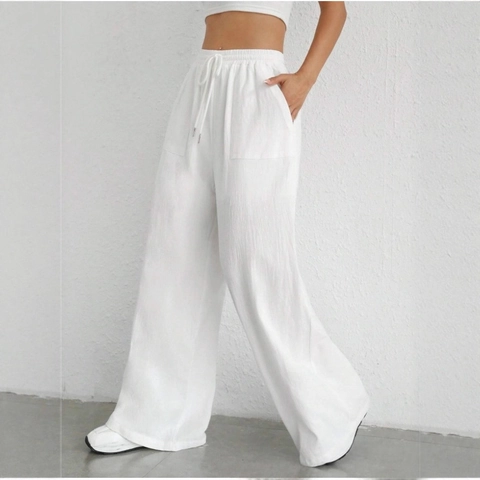 Women High Waist Wide Leg Casual Pants Loose Flare Trousers With Drawstring Pockets Solid Color Woven Polyester Slacks