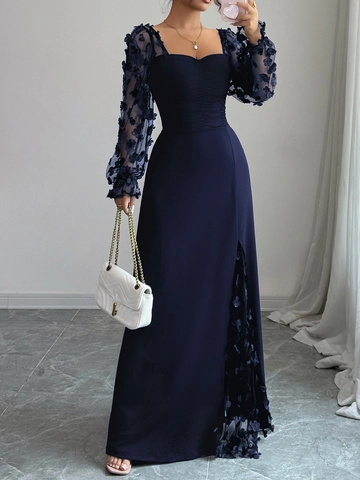 Women Elegant Square Neck Long Sleeve Maxi Dress With 3D Floral Applique Ruched Banquet Party Slim Fit High Slit Long Dress