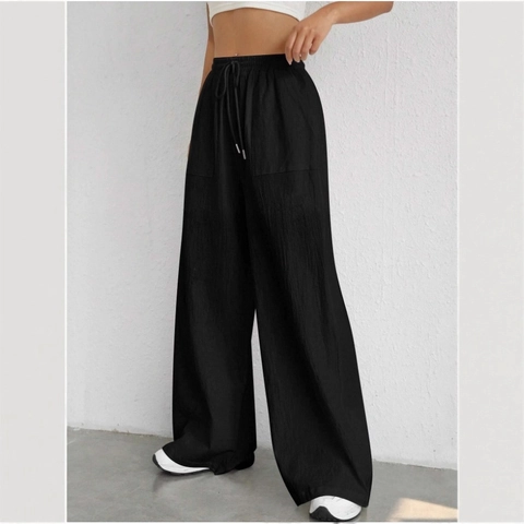 Women High Waist Wide Leg Casual Pants Loose Flare Trousers With Drawstring Pockets Solid Color Woven Polyester Slacks