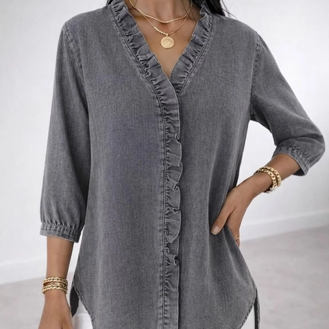 Women Casual V Neck Ruffle Blouse Solid Color Polyester Three Quarter Sleeve Faux Denim Top For Office Commute Summer Spring