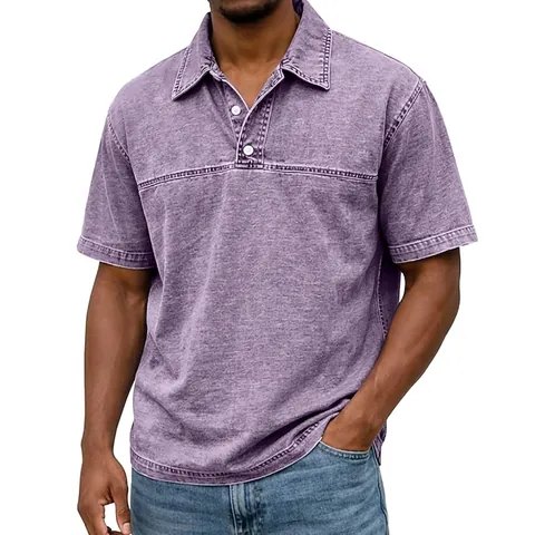 Men's Vintage Washed Cotton Polo Shirt Retro Short Sleeve Casual Solid Color Top With Decorative Seams American Style