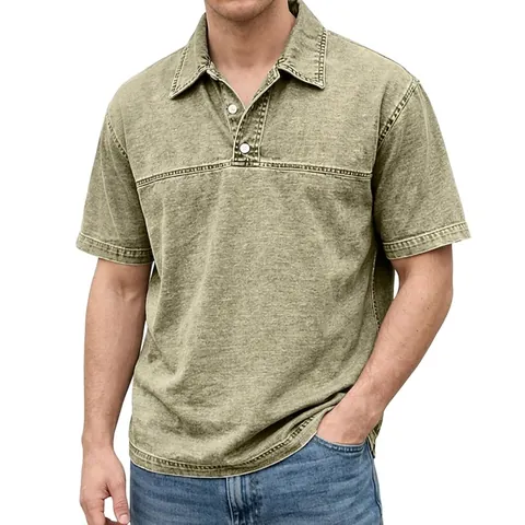Men's Vintage Washed Cotton Polo Shirt Retro Short Sleeve Casual Solid Color Top With Decorative Seams American Style