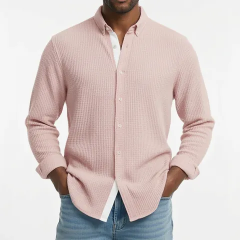Legeres Waffelstrick Langarmhemd Für Herren Aus Atmungsaktivem Polyester Mit Button-Down Kragen Und Lockerer Passform