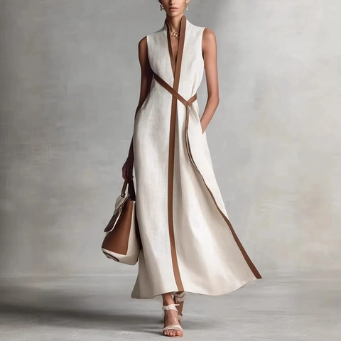 Women Elegant V Neck Sleeveless Color Block Maxi Dress High Waist Linen Like A Line Long Summer Dress For Casual Party