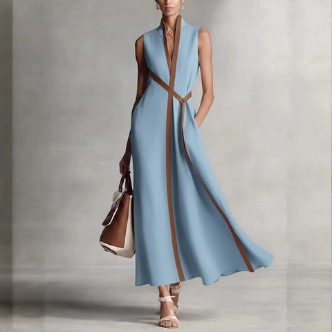 Women Elegant V Neck Sleeveless Color Block Maxi Dress High Waist Linen Like A Line Long Summer Dress For Casual Party