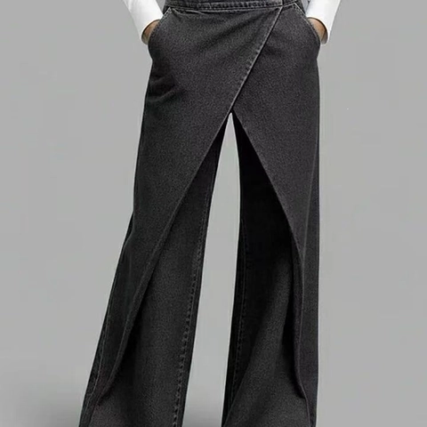 Women High Waisted Wide Leg Pants Denim Style Woven Fabric Cross Wrap Waist Golden Button Streetwear Casual Bottoms