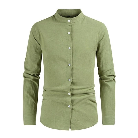 Chemise Décontractée pour Hommes en Coton et Lin Col Montant Manches Longues Couleur Unie Été Respirant Haut