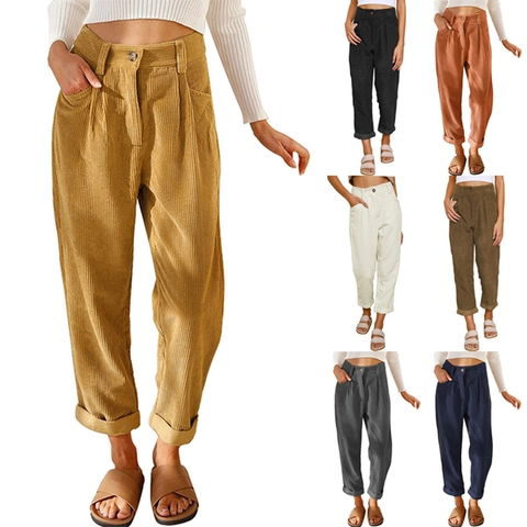 Women High Waist Corduroy Pants Vintage Solid Color Straight Leg Casual Trousers With Pockets Cuffed Hem Loose Fit Autumn Winter Bottoms