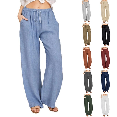 Women Casual Wide Leg Pants Cotton Linen Blend High Waist Elastic Drawstring Loose Fit Pockets Solid Color Soft Trousers