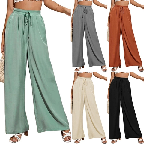 Women's High Waisted Wide Leg Pants Casual Cotton Blend Summer Trousers With Drawstring Elastic Waist Solid Color Loose Fitting Vacation Bottoms
