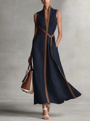 Damen Elegant V-Ausschnitt Ärmellos Maxi Kleid Kontrast Paspel Locker Patchwork Polyester Lang Kleid Für Urlaub Party