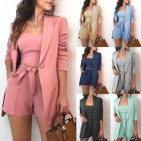 Completo Elegante da Donna in Misto Cotone per Ufficio Blazer Canotta Pantaloncini Tinta Unita Collo a Rever Monopetto Moda Donna Versatile