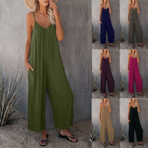 Damen Lässig Baumwollmischung Spaghettiträger Overall Elegant Einfarbig Weites Bein Jumpsuit Mit Taschen Sommer Urlaub Romper