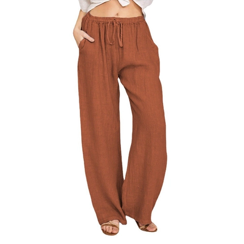 Women Casual Wide Leg Pants Cotton Linen Blend High Waist Elastic Drawstring Loose Fit Pockets Solid Color Soft Trousers