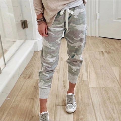 Women's Camouflage Print Jogger Pants Polyester Drawstring High Waist Casual Straight Sweatpants With Ribbed Cuffs Bottom