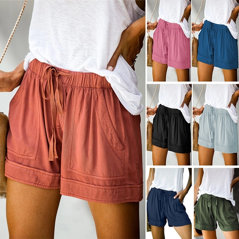 Women Casual High Waisted Shorts Cotton Blend Printed Straight Leg Hot Pants Summer Beach Bottom With Pockets