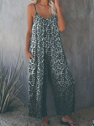 Women Leopard Print Jumpsuit Sleeveless V Neck Wide Leg Romper With Pockets Summer Casual Fashion Vacation Jumpsuits
