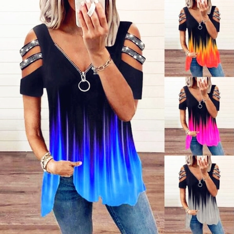 Women Cold Shoulder T-Shirt V Neck Zipper Rhinestone Gradient Print Short Sleeve Loose Top Casual Summer Polyester Tee