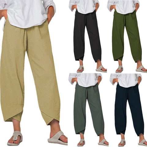 Women Cotton Linen Wide Leg Pants High Waist Elastic Casual Nine-Point Pants Solid Loose Tulip Hem Trousers Plus Size Bottom