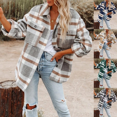 Women Plaid Shacket Jacket Long Sleeve Lapel Collar Woolen Button Down Coat Casual Oversized Outerwear For Autumn Winter