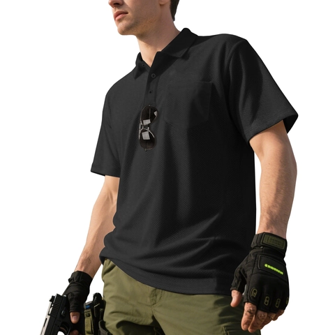 Men's Casual Solid Color Turn-down Collar Short Sleeve Pocket Polo Shirt Breathable Quick Dry Outdoor Tactical Polo Tee