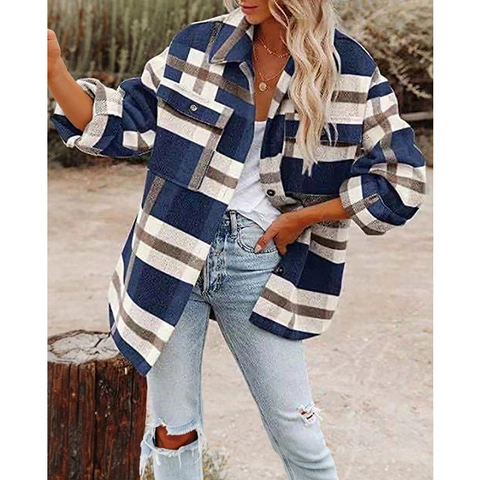 Women Plaid Shacket Jacket Long Sleeve Lapel Collar Woolen Button Down Coat Casual Oversized Outerwear For Autumn Winter