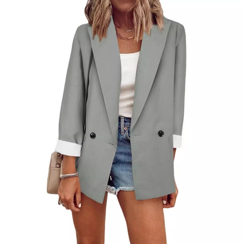 Women Double-Breasted Blazer Office Professional Mid-Length Solid Color Polyester Suit Jacket Elegant Commuter Long Sleeve Outerwear