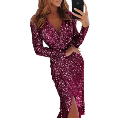 Damen Sexy V-Ausschnitt Pailletten Langarm Abendkleid Elegant Hoher Schlitz Slim Fit Goldfolie Party Bankett Maxi Kleid