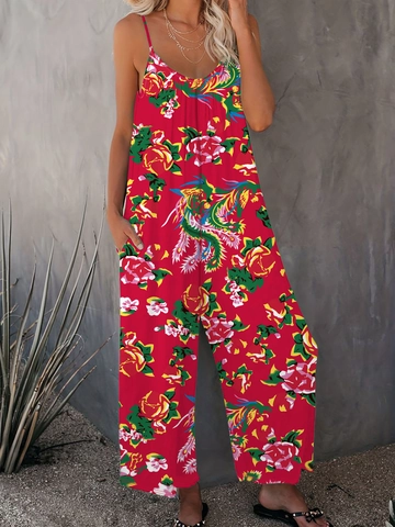 Women Floral Print Jumpsuit Polyester Sleeveless V Neck Wide Leg Romper Summer Vacation Bohemian Ethnic Style Jumpsuit With Pockets