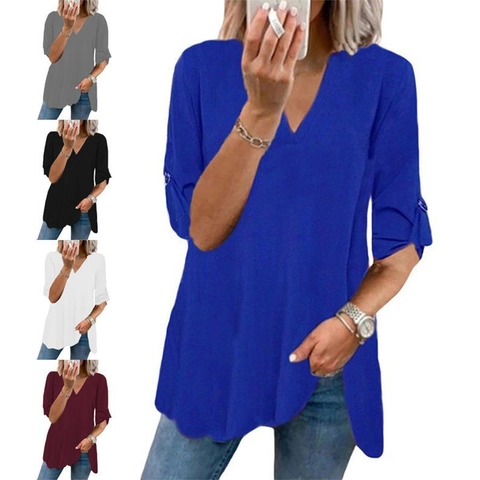 Damen V-Ausschnitt Chiffon Bluse Lockere Passform Langarm Roll-Tab Pullover Top Lässiges Elegantes Hemd Für Den Alltag