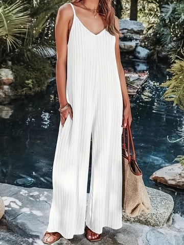 Γυναικεία Μεγάλο Μέγεθος Sexy V Λαιμό Λεπτές Τιράντες Ραβδωτό Πλεκτό Φαρδύ Μπατζάκι Ολόσωμη Φόρμα Casual Καλοκαίρι Θέρετρο