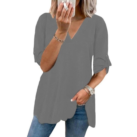 Damen V-Ausschnitt Chiffon Bluse Lockere Passform Langarm Roll-Tab Pullover Top Lässiges Elegantes Hemd Für Den Alltag
