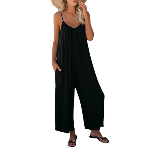 Damen Lässig Baumwollmischung Spaghettiträger Overall Elegant Einfarbig Weites Bein Jumpsuit Mit Taschen Sommer Urlaub Romper