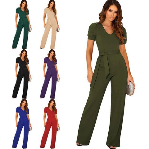 Women Jumpsuit Polyester Deep V Neck Short Puff Sleeve Tie Waist Wide Leg Long Pants Elegant Casual Solid Color Commuter Romper