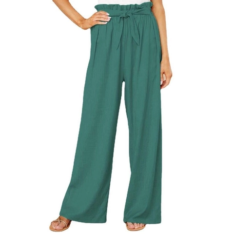 Dames High Waist Paperbag Wijde Pijpen Broek Linnenmix Losse Casual Broek Met Strikceintuur Effen Kleur Zakken Pantalon