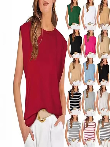 Women Plus Size Muscle Tee Sleeveless Round Neck T-Shirt With Shoulder Pads Casual Loose Plain Solid Color Polyester Top