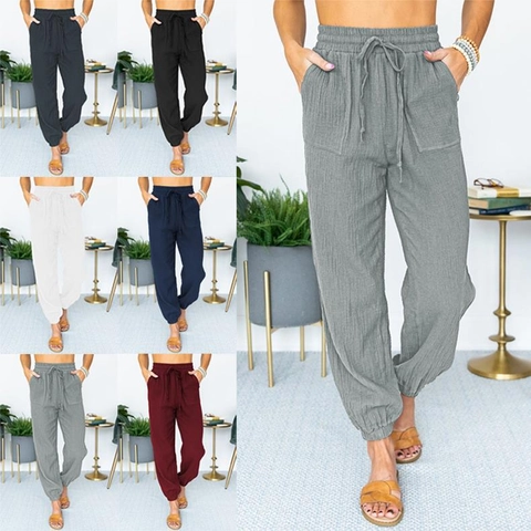 Women's Casual High Waisted Jogger Pants with Drawstring and Pockets Solid Color Cuffed Tapered Pants Polyester Trousers