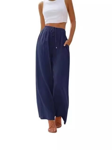 Pantaloni da Donna Casual a Gamba Larga in Misto Poliestere a Vita Alta con Coulisse Pantaloni Palazzo Ampi con Tasche Tinta Unita per Vacanza