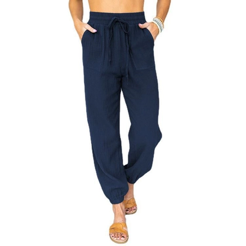 Women's Casual High Waisted Jogger Pants with Drawstring and Pockets Solid Color Cuffed Tapered Pants Polyester Trousers