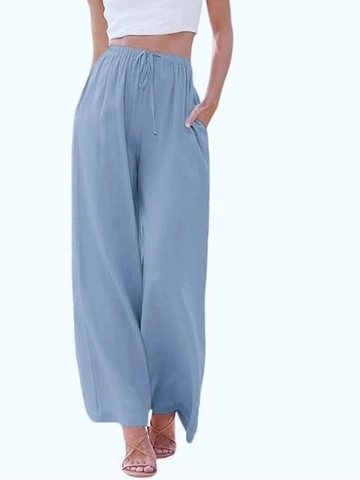 Pantaloni da Donna Casual a Gamba Larga in Misto Poliestere a Vita Alta con Coulisse Pantaloni Palazzo Ampi con Tasche Tinta Unita per Vacanza