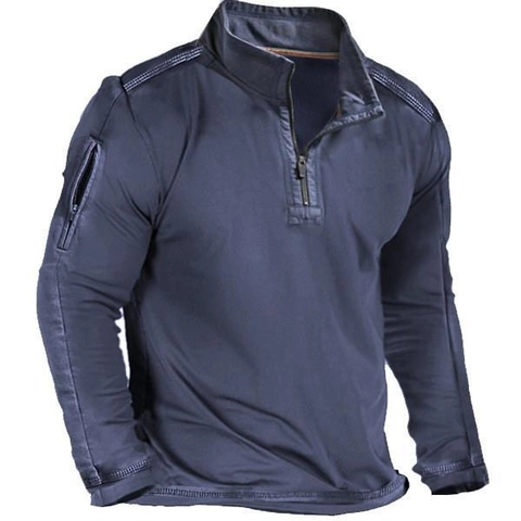 Men Outdoor Tactical Long Sleeve T-Shirt Stand Collar Quarter Zip Pullover With Sleeve Pocket Solid Color Polyester Top