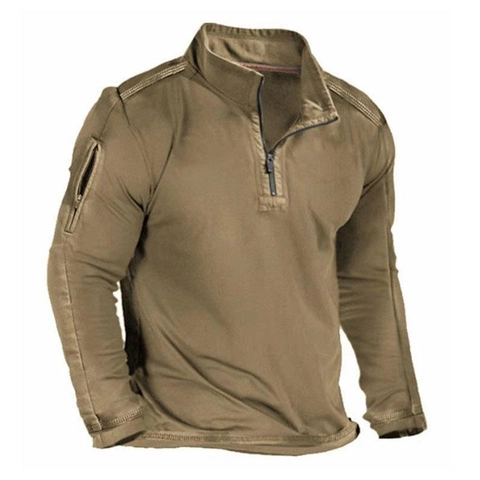Men Outdoor Tactical Long Sleeve T-Shirt Stand Collar Quarter Zip Pullover With Sleeve Pocket Solid Color Polyester Top