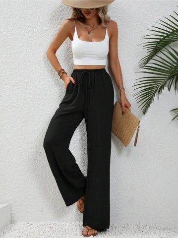 Pantaloni a Gamba Larga Casual da Donna a Vita Alta Coulisse Elastico in Vita Tinta Unita Strutturati per Vacanza